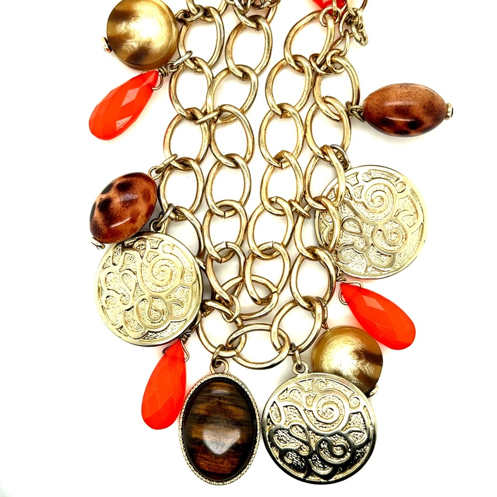 Gold Tone Multi Charm Bib Necklace Orange Tiger Eye Medallion Boho
